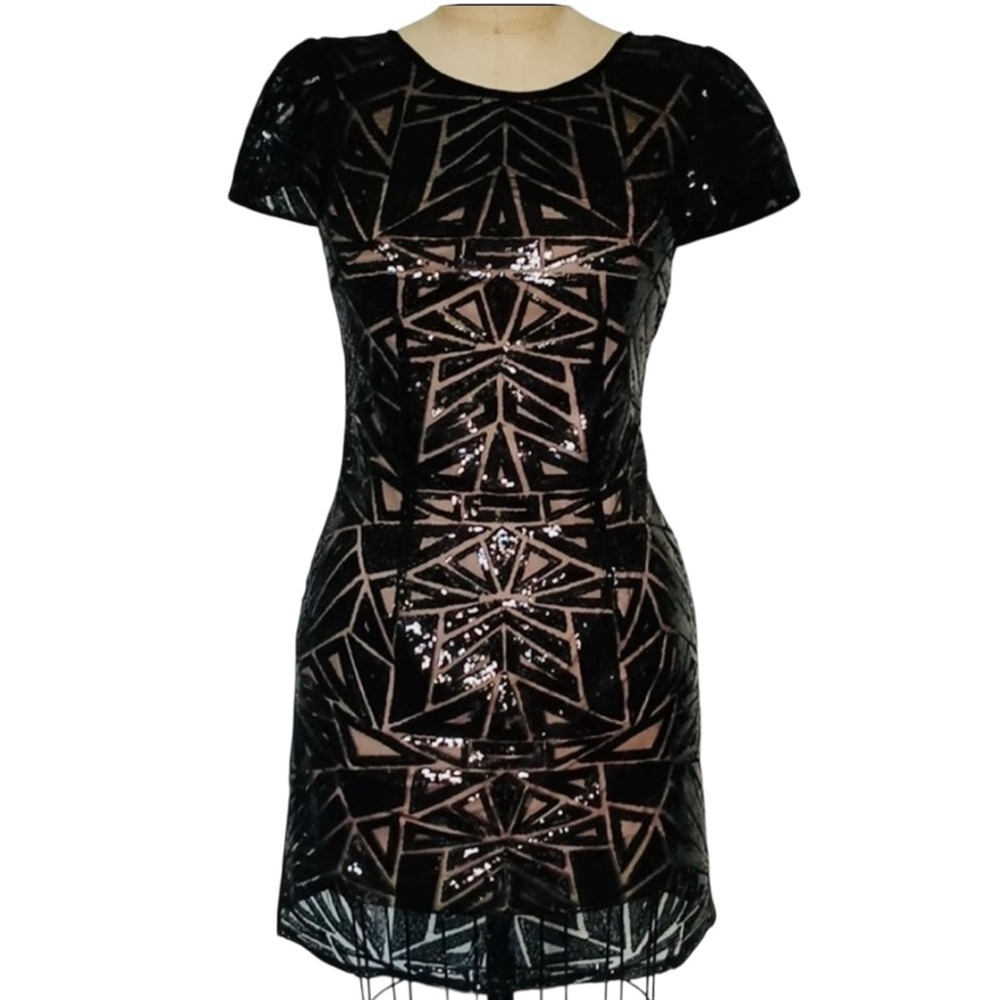DECODE 1.8 BLACK SHORT SLEEVE SEQUINED FORMAL COCKTAIL DRESS W/CREAM LINING SZ 4